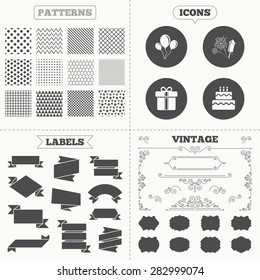 Seamless patterns. Sale tags labels. Birthday party icons. Cake and gift box signs. Air balloons and fireworks symbol. Vintage decoration. Vector