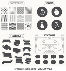 Seamless patterns. Sale tags labels. Fruits with leaf icons. Apple and Pear with seeds signs. Natural food symbol. Vintage decoration. Vector
