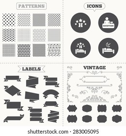 Seamless patterns. Sale tags labels. Five stars hotel icons. Travel rest place symbols. Human sleep in bed sign. Hotel check-in registration or reception. Vintage decoration. Vector