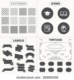 Seamless patterns. Sale tags labels. Pencil with document and open book icons. Graduation cap and geography globe symbols. Learn signs. Vintage decoration. Vector