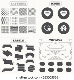 Seamless patterns. Sale tags labels. Valentine day love icons. Best girlfriend and boyfriend symbol. Couple lovers sign. Vintage decoration. Vector