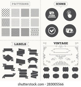 Seamless patterns. Sale tags labels. ATM cash machine withdrawal icons. Click here, check PIN number, processing and cash withdrawal symbols. Vintage decoration. Vector