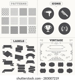 Seamless patterns. Sale tags labels. Hairdresser icons. Scissors cut hair symbol. Comb hair with hairdryer symbol. Barbershop laurel wreath winner award. Vintage decoration. Vector