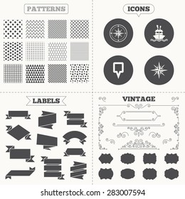 Seamless patterns. Sale tags labels. Windrose navigation compass icons. Shipping delivery sign. Location map pointer symbol. Vintage decoration. Vector