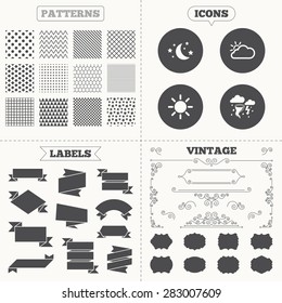 Seamless patterns. Sale tags labels. Weather icons. Moon and stars night. Cloud and sun signs. Storm or thunderstorm with lightning symbol. Vintage decoration. Vector