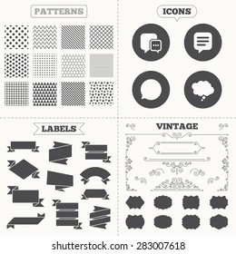 Seamless patterns. Sale tags labels. Chat icons. Comic speech bubble signs. Communication think symbol. Vintage decoration. Vector