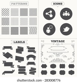 Seamless patterns. Sale tags labels. Group of people and share icons. Speech bubble symbols. Communication signs. Vintage decoration. Vector