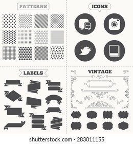 Seamless patterns. Sale tags labels. Social media icons. Chat speech bubble symbol. Hipster photo camera sign. Empty photo frames. Vintage decoration. Vector
