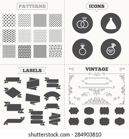 Seamless patterns. Sale tags labels. Wedding dress icon. Bride and groom rings symbol. Wedding or engagement day ring shine with diamond sign. Will you marry me? Vintage decoration. Vector