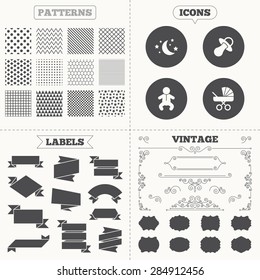 Seamless patterns. Sale tags labels. Moon and stars symbol. Baby infants icon. Buggy and dummy signs. Child pacifier and pram stroller. Vintage decoration. Vector