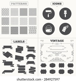 Seamless patterns. Sale tags labels. Painting roller, brush icons. Spray can and Bucket of paint signs. Wall repair tool and painting symbol. Vintage decoration. Vector