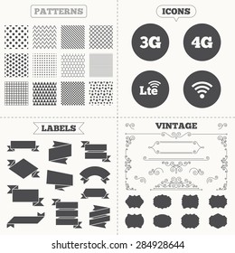 Seamless patterns. Sale tags labels. Mobile telecommunications icons. 3G, 4G and LTE technology symbols. Wi-fi Wireless and Long-Term evolution signs. Vintage decoration. Vector