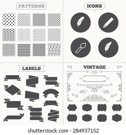 Seamless patterns. Sale tags labels. Feather retro pen icons. Paint brush and pencil symbols. Artist tools signs. Vintage decoration. Vector
