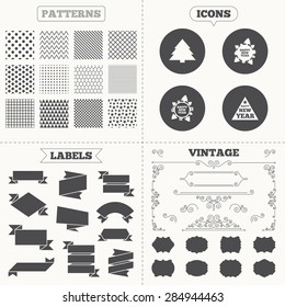 Seamless patterns. Sale tags labels. Happy new year icon. Christmas trees signs. World globe symbol. Vintage decoration. Vector
