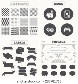 Seamless patterns. Sale tags labels. Bowling and Casino icons. Video game joystick and playing card with dice symbols. Entertainment signs. Vintage decoration. Vector