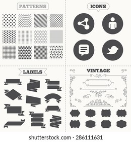 Seamless patterns. Sale tags labels. Human person and share icons. Speech bubble symbols. Communication signs. Vintage decoration. Vector