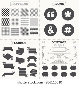 Seamless patterns. Sale tags labels. Quote, asterisk footnote icons. Hashtag social media and ampersand symbols. Programming logical operator AND sign. Vintage decoration. Vector