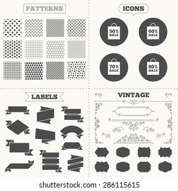 Seamless patterns. Sale tags labels. Sale bag tag icons. Discount special offer symbols. 50%, 60%, 70% and 80% percent sale signs. Vintage decoration. Vector