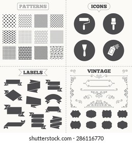 Seamless patterns. Sale tags labels. Paint roller, brush icons. Spray can and Spatula signs. Wall repair tool and painting symbol. Vintage decoration. Vector