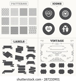 Seamless patterns. Sale tags labels. Valentine day love icons. Target aim with heart symbol. Couple lovers sign. Vintage decoration. Vector