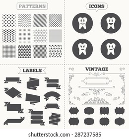 Seamless patterns. Sale tags labels. Tooth smile face icons. Happy, sad, cry signs. Happy smiley chat symbol. Sadness depression and crying signs. Vintage decoration. Vector
