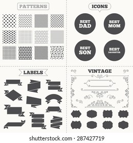 Seamless patterns. Sale tags labels. Best mom and dad, son and daughter icons. Award symbols. Vintage decoration. Vector