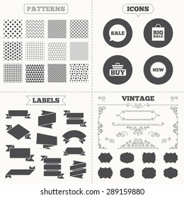 Seamless patterns. Sale tags labels. Sale speech bubble icon. Buy cart symbol. New star circle sign. Big sale shopping bag. Vintage decoration. Vector