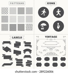 Seamless patterns. Sale tags labels. Businessman with umbrella icon. Human running symbol. Man love Woman or Lovers sign. Women Pregnancy. Life insurance. Vintage decoration. Vector