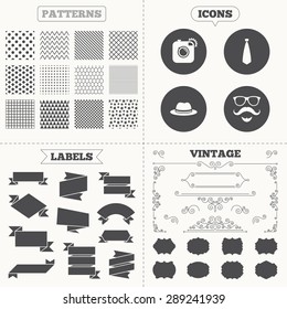 Seamless patterns. Sale tags labels. Hipster photo camera. Mustache with beard icon. Glasses and tie symbols. Classic hat headdress sign. Vintage decoration. Vector