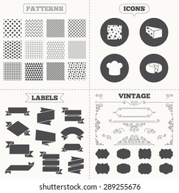 Seamless patterns. Sale tags labels. Cheese icons. Round cheese wheel sign. Sliced food with chief hat symbols. Vintage decoration. Vector