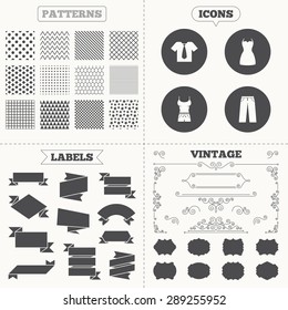 Seamless patterns. Sale tags labels. Clothes icons. T-shirt with business tie and pants signs. Women dress symbol. Vintage decoration. Vector