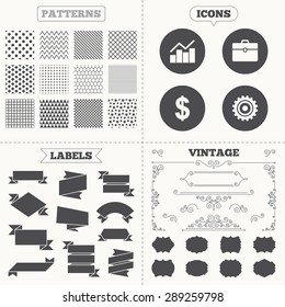 Seamless patterns. Sale tags labels. Business icons. Graph chart and case signs. Dollar currency and gear cogwheel symbols. Vintage decoration. Vector