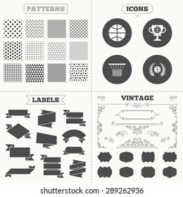 Seamless patterns. Sale tags labels. Basketball sport icons. Ball with basket and award cup signs. Laurel wreath symbol. Vintage decoration. Vector
