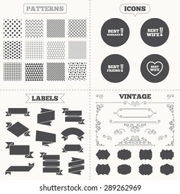 Seamless patterns. Sale tags labels. Best wife, husband and friend icons. Heart love signs. Awards with exclamation symbol. Vintage decoration. Vector
