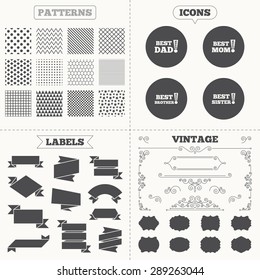 Seamless patterns. Sale tags labels. Best mom and dad, brother and sister icons. Award with exclamation symbols. Vintage decoration. Vector