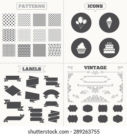 Seamless patterns. Sale tags labels. Birthday party icons. Cake with ice cream signs. Air balloons with rope symbol. Vintage decoration. Vector