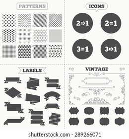 Seamless patterns. Sale tags labels. Special offer icons. Take two pay for one sign symbols. Profit at saving. Vintage decoration. Vector