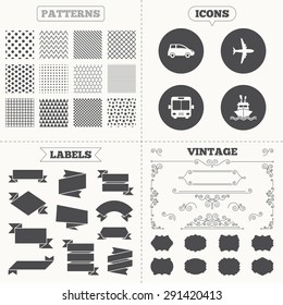 Seamless patterns. Sale tags labels. Transport icons. Car, Airplane, Public bus and Ship signs. Shipping delivery symbol. Air mail delivery sign. Vintage decoration. Vector