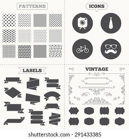 Seamless patterns. Sale tags labels. Hipster photo camera with mustache icon. Glasses and tie symbols. Bicycle family vehicle sign. Vintage decoration. Vector