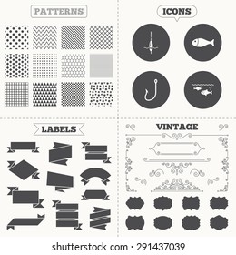 Seamless patterns. Sale tags labels. Fishing icons. Fish with fishermen hook sign. Float bobber symbol. Vintage decoration. Vector