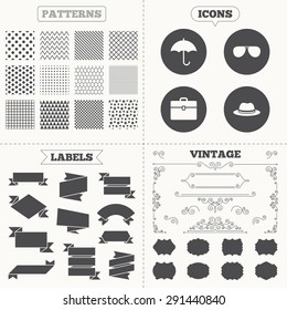 Seamless patterns. Sale tags labels. Clothing accessories icons. Umbrella and sunglasses signs. Headdress hat with business case symbols. Vintage decoration. Vector