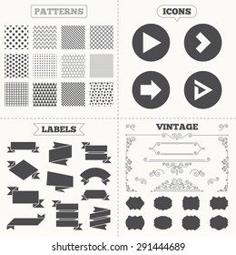 Seamless patterns. Sale tags labels. Arrow icons. Next navigation arrowhead signs. Direction symbols. Vintage decoration. Vector