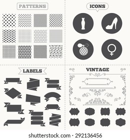 Seamless patterns. Sale tags labels. Wedding dress icon. Women shoe sign. Perfume glamour fragrance symbol. Vintage decoration. Vector