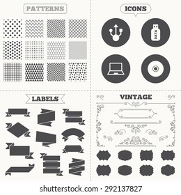 Seamless patterns. Sale tags labels. Usb flash drive icons. Notebook or Laptop pc symbols. CD or DVD sign. Compact disc. Vintage decoration. Vector