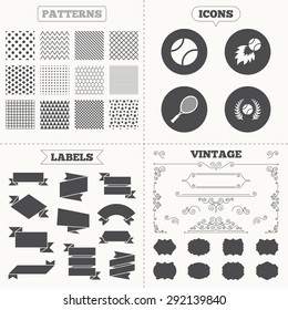 Seamless patterns. Sale tags labels. Tennis ball and racket icons. Fast fireball sign. Sport laurel wreath winner award symbol. Vintage decoration. Vector
