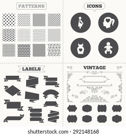 Seamless patterns. Sale tags labels. Maternity icons. Baby infant, pregnancy and dress signs. Head with heart symbol. Vintage decoration. Vector