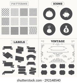Seamless patterns. Sale tags labels. Happy Mothers's Day icons. Wallet with cash coin and piggy bank moneybox symbols. Dollar USD currency sign. Vintage decoration. Vector