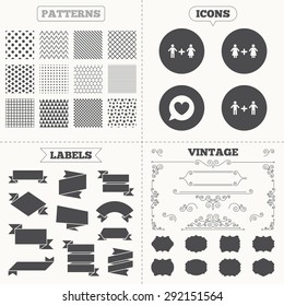 Seamless patterns. Sale tags labels. Couple love icon. Lesbian and Gay lovers signs. Romantic homosexual relationships. Speech bubble with heart symbol. Vintage decoration. Vector