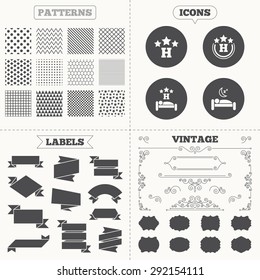 Seamless patterns. Sale tags labels. Three stars hotel icons. Travel rest place symbols. Human sleep in bed sign. Vintage decoration. Vector