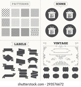 Seamless patterns. Sale tags labels. Sale gift box tag icons. Discount special offer symbols. 30%, 50%, 70% and 90% percent off signs. Vintage decoration. Vector